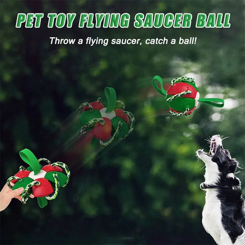Interactive dog football soccer ball with tabs and cotton chew rope, 145.5mm sphere, flattening frisbee toy for outdoor training