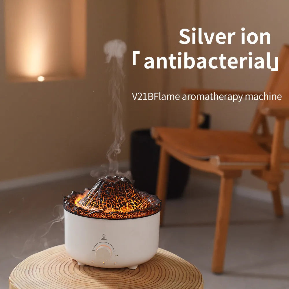 White simulated flame volcano humidifier and aroma diffuser with remote control