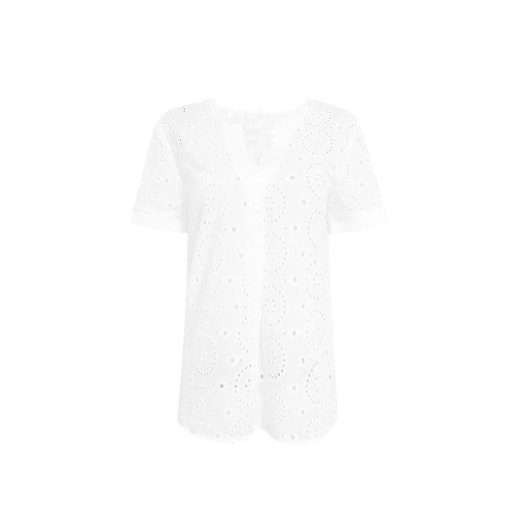 White women's V-neck T-shirt with hollow-out detail and short sleeves in a loose fit