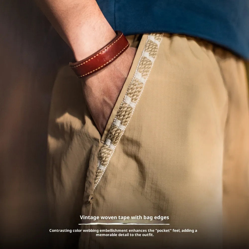Men's khaki quick-drying polyester shorts, straight leg, fifth length, large pocket, sizes S to 2XL