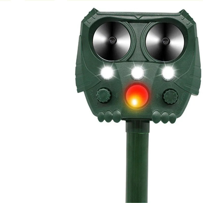 Green solar-powered ultrasonic dog and pest repeller with weatherproof ABS housing