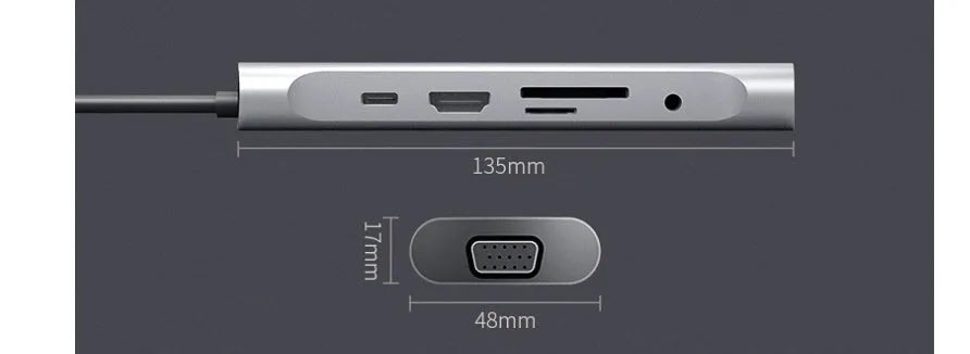 Grey aluminium USB-C docking station with HDMI, VGA, and USB ports.