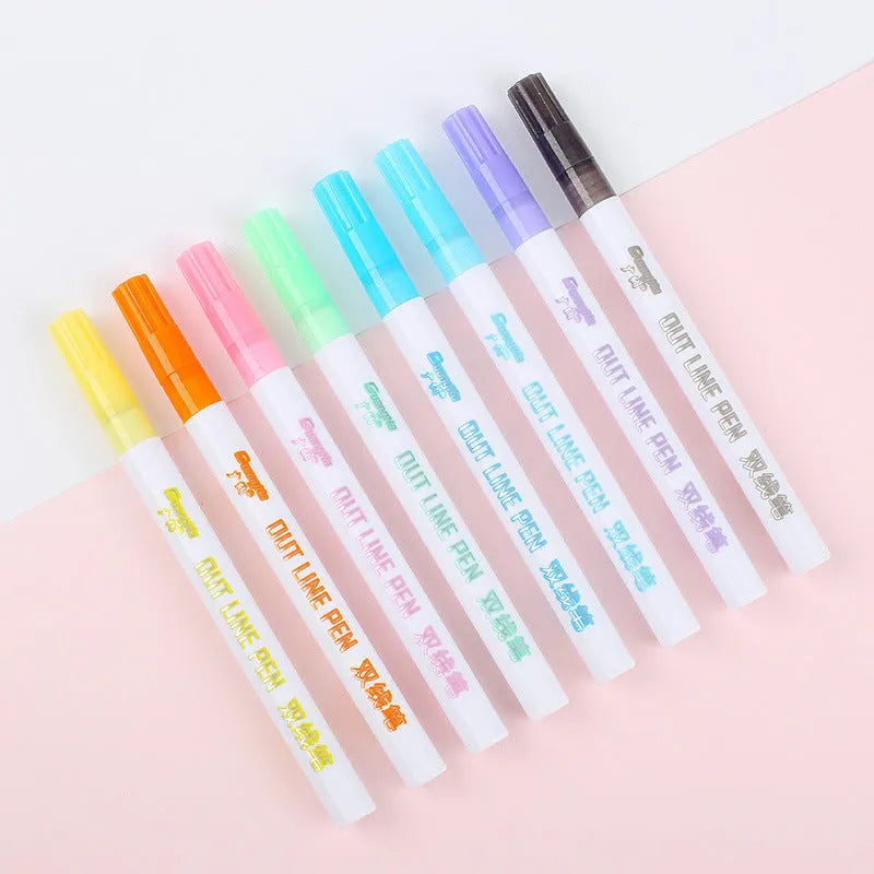 Set of eight fluorescent highlighter pens with 2mm tips next to their storage box.
