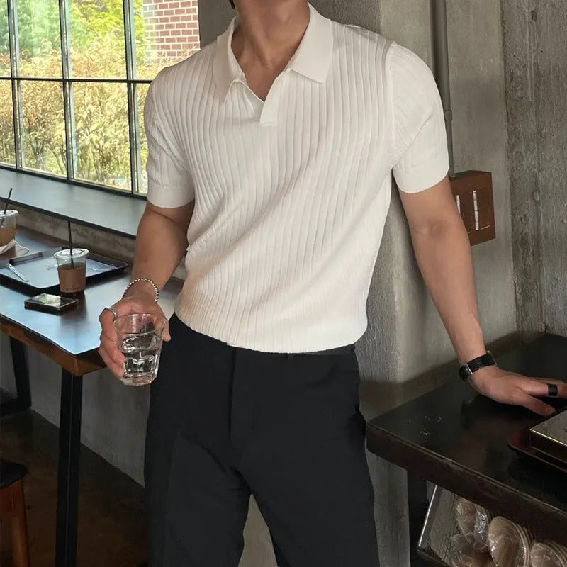Summer stripes short sleeve polo shirt for men, slim fit, available in black, white, green, apricot, sizes M–3XL