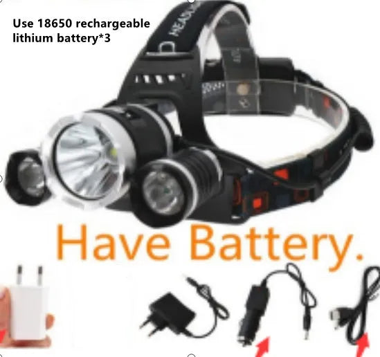 Aluminium alloy rechargeable headlight with adjustable elastic headband and front LED lens.