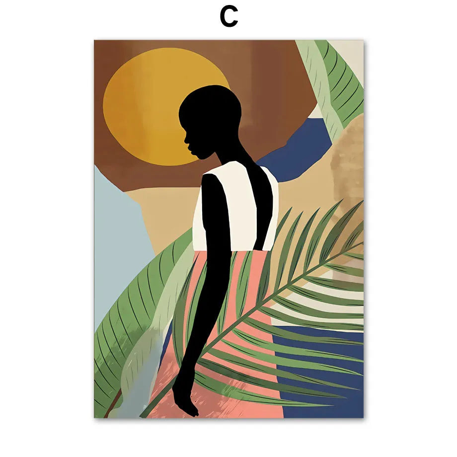 Abstract African women flower leaf mural art canvas painting, spray print, frameless rectangle, multiple sizes available