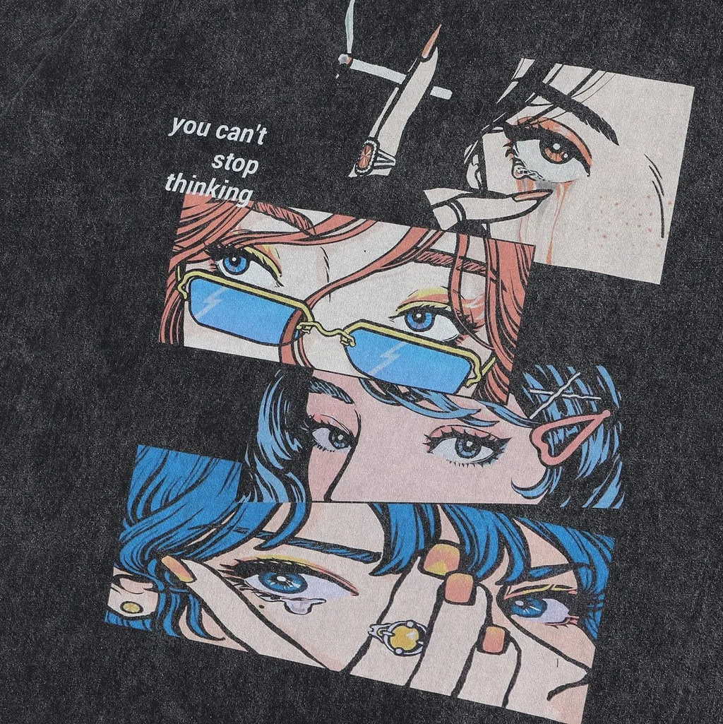 Men's retro style cotton t-shirt with cartoon digital printing in loose street hip hop cut