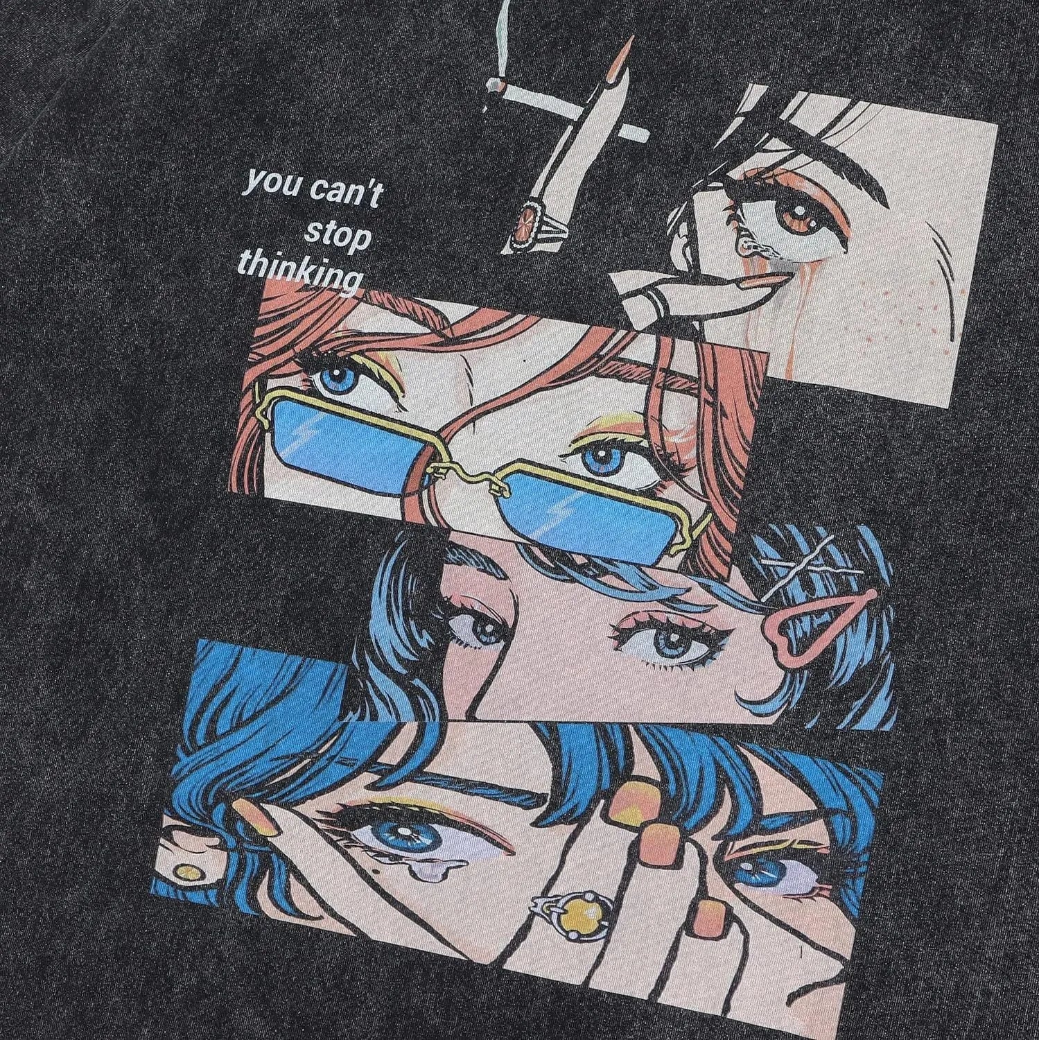 Men's retro style cotton t-shirt with cartoon digital printing in loose street hip hop cut
