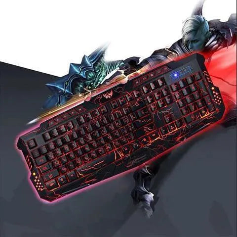 Black backlit gaming keyboard with blue LED glow, 49cm x 19cm, USB wired, adjustable stand