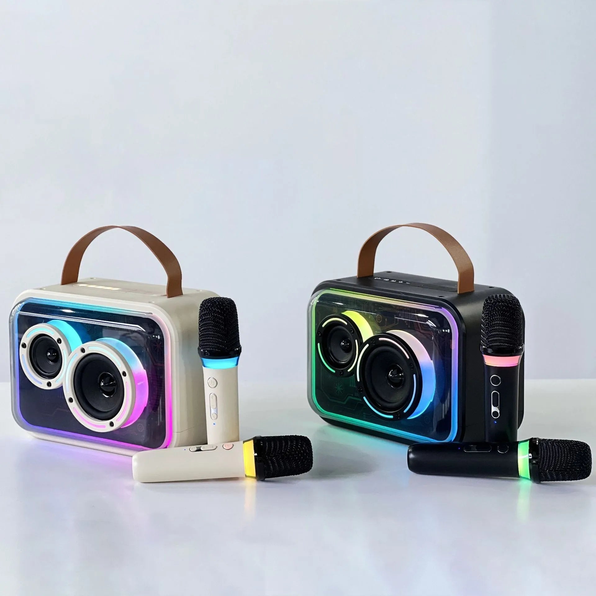 Light yellow portable Bluetooth karaoke speaker with RGB lighting and microphone