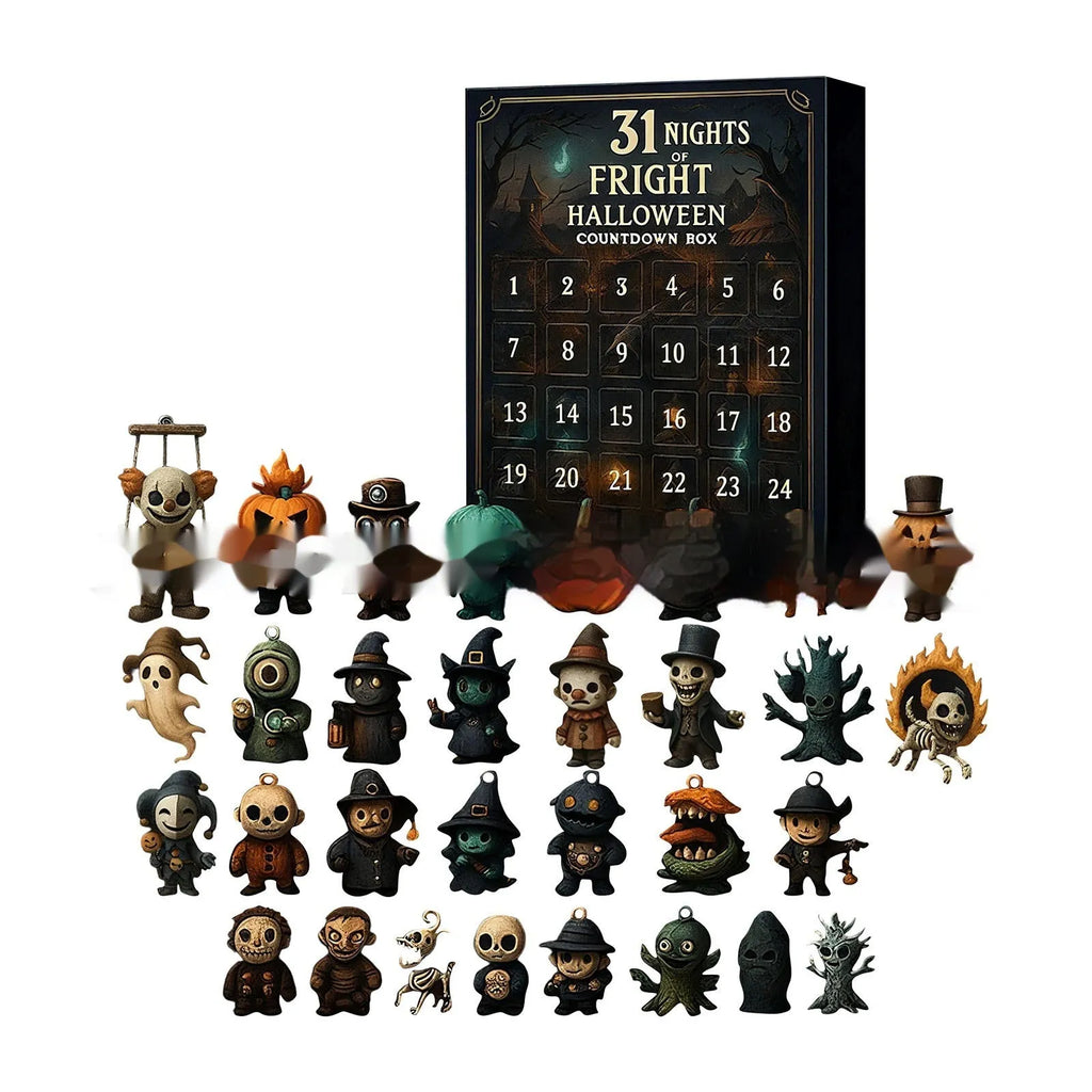 Halloween horror countdown advent calendar box with blind box surprises and resin craft figures.