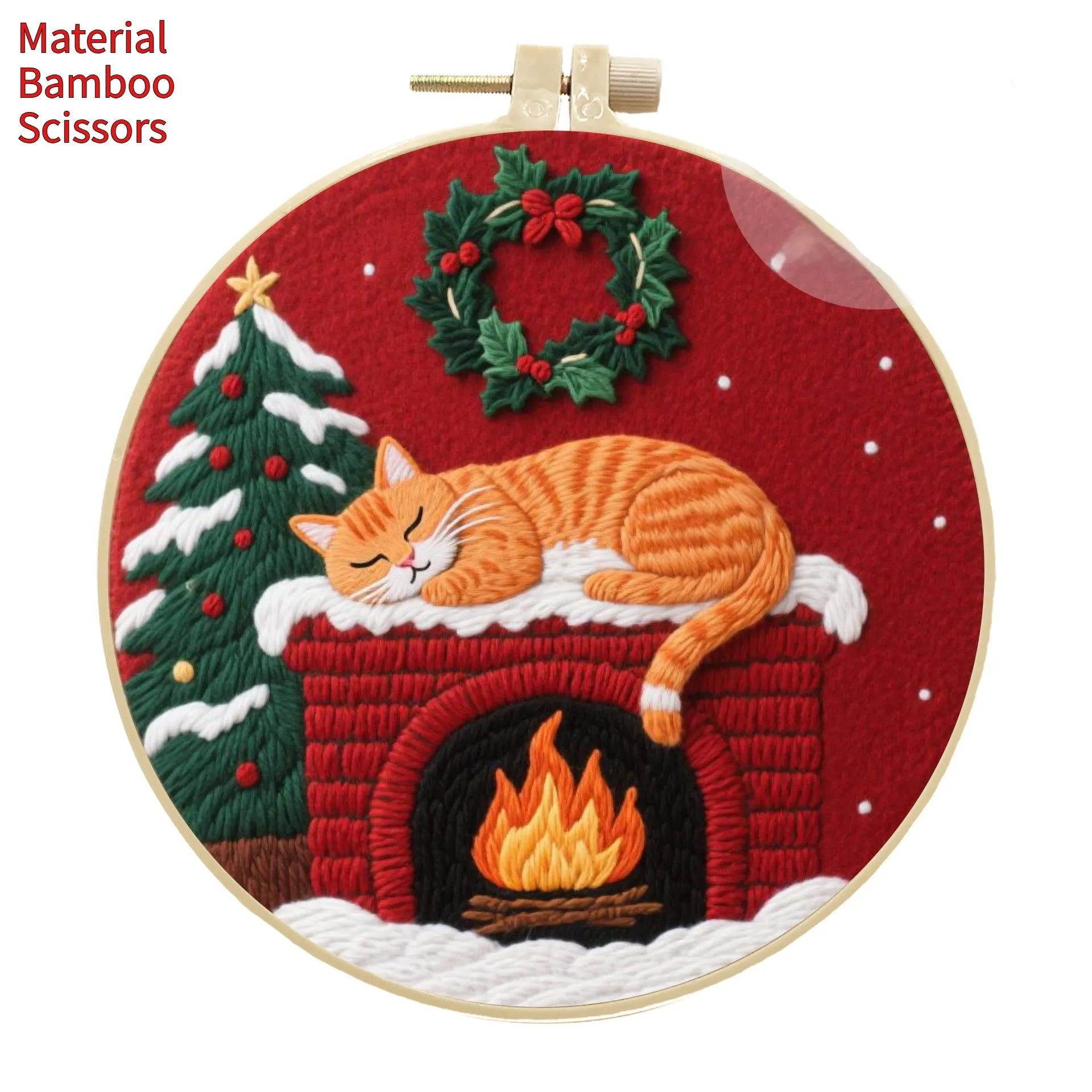 Cat-themed DIY embroidery kit showing Autumn Fruit pattern on cotton linen fabric with optional bamboo frame and scissors.