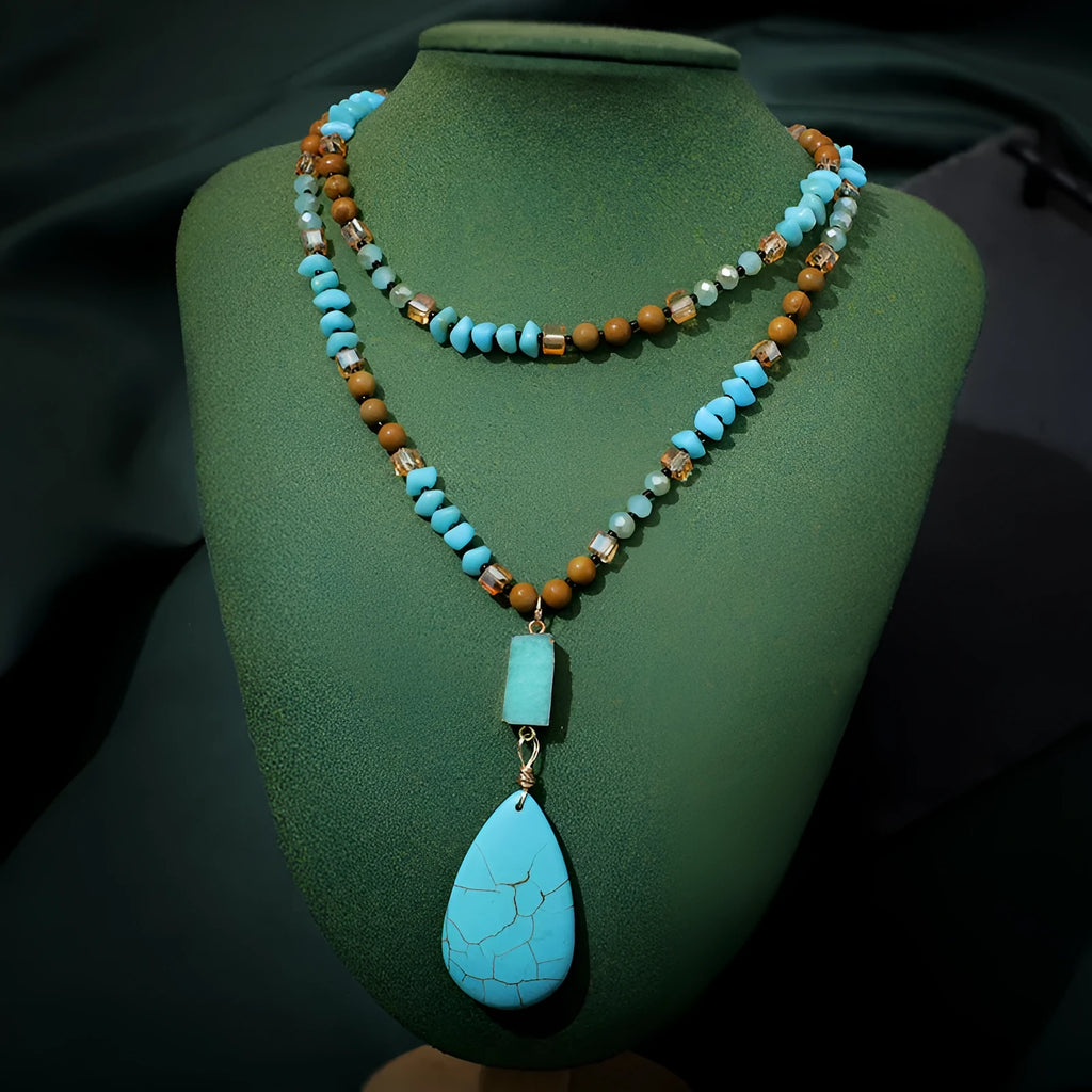 Turquoise water drop pendant necklace with mixed gem inlay and ball bead chain