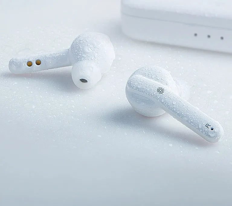 Black and white true wireless Bluetooth earbuds with an IPX5 waterproof rating.