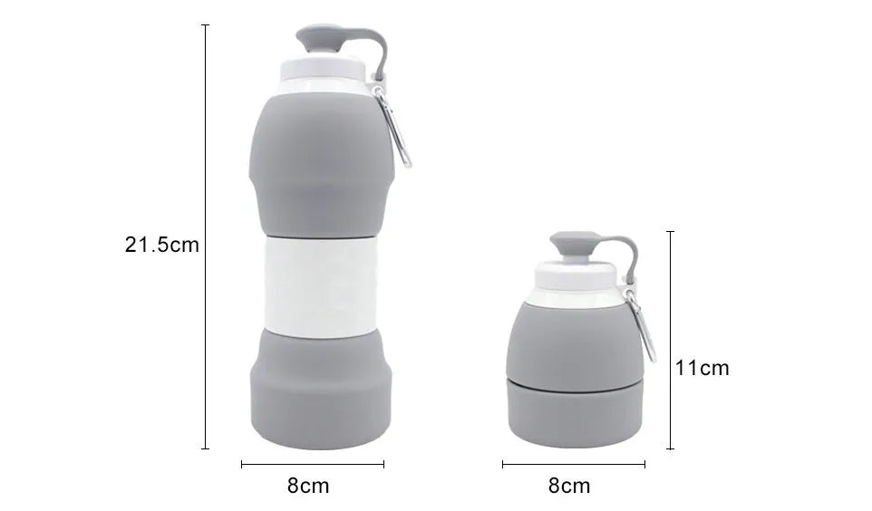Blue silicone folding water bottle shown both fully expanded and folded to half its height