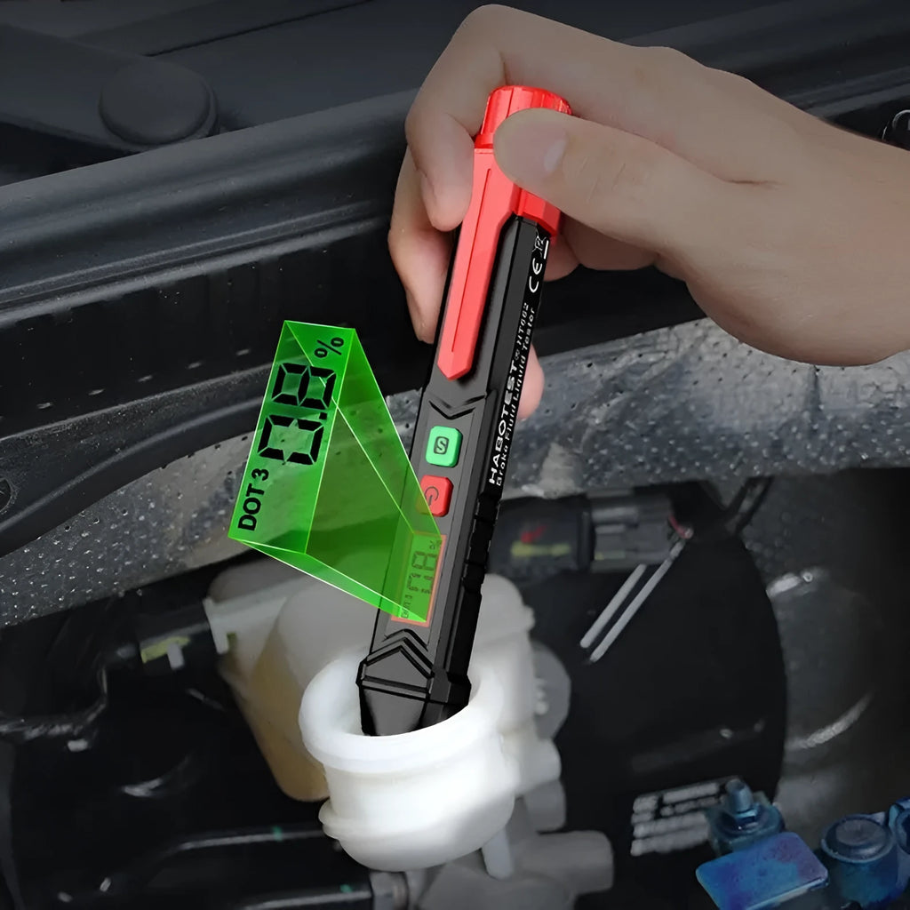 Digital brake fluid tester pen with LCD display, batteries, manual and colour box packaging