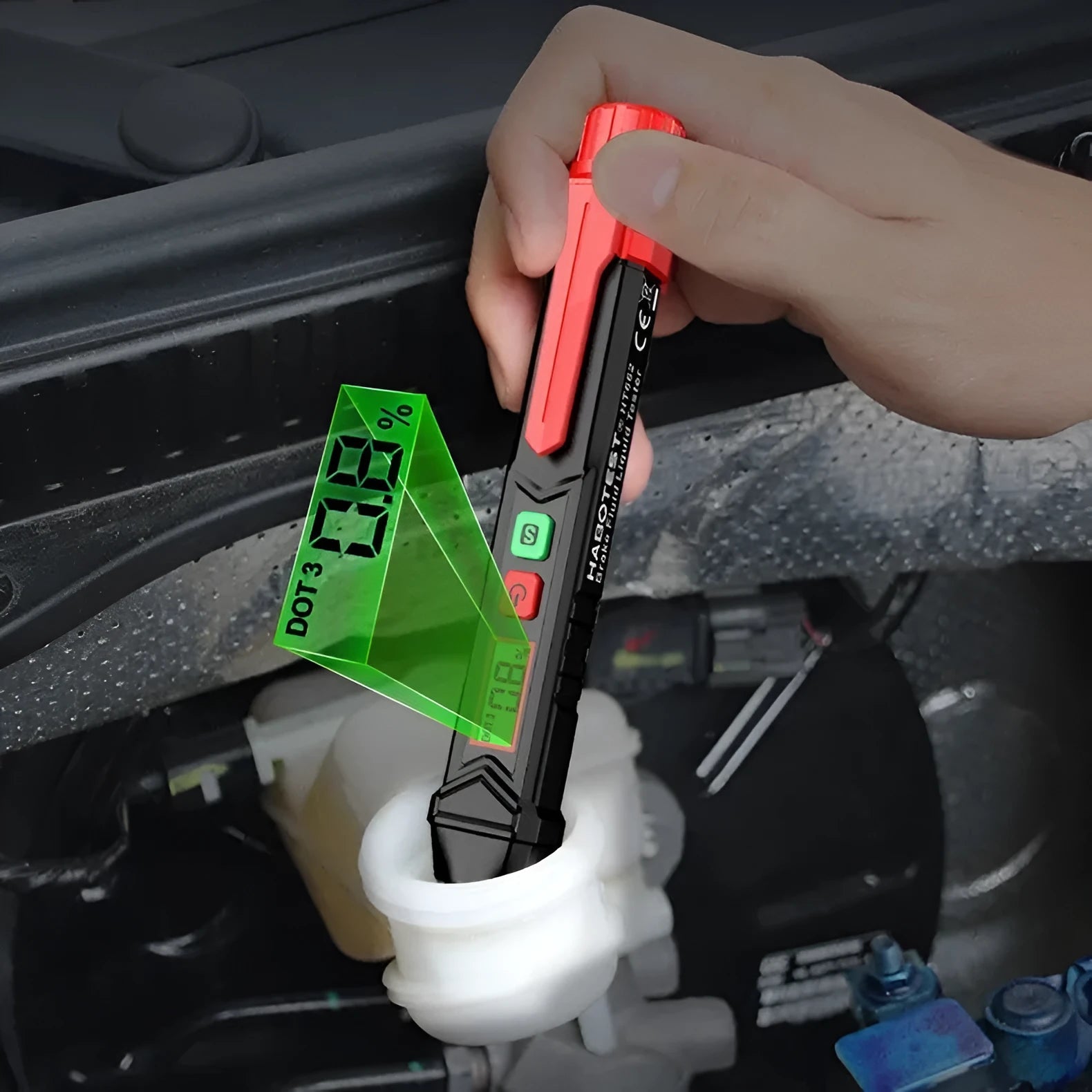 Digital brake fluid tester pen with LCD display, batteries, manual and colour box packaging