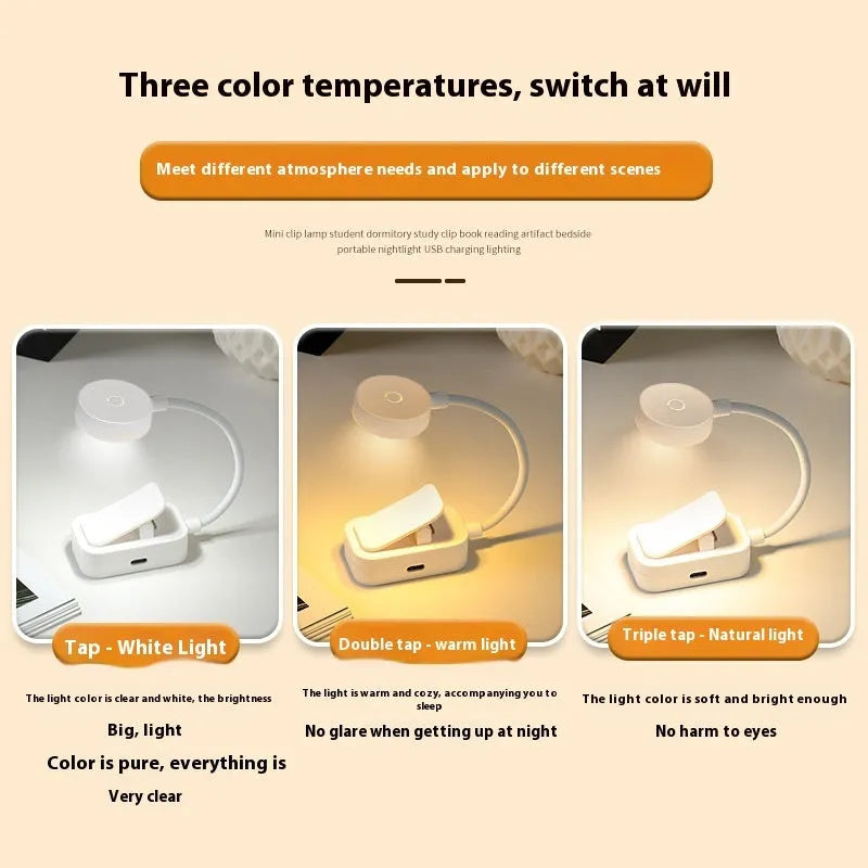 Homehold rechargeable book clip light in white plastic with built-in lithium battery and USB charging