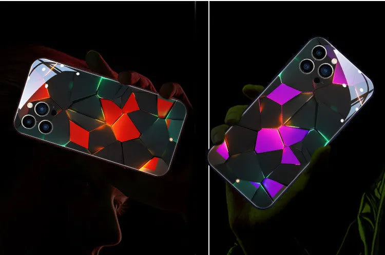 Transparent tempered glass iPhone case with a lit-up lightning diamond pattern on the back.