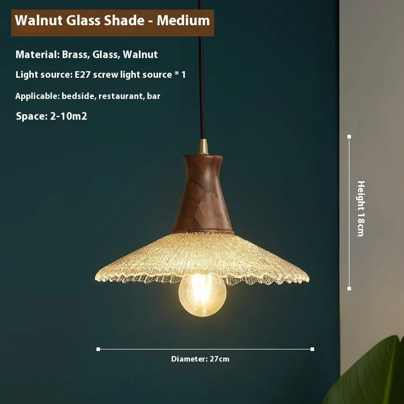 Retro brass and glass chandelier with solid wood body in three size options