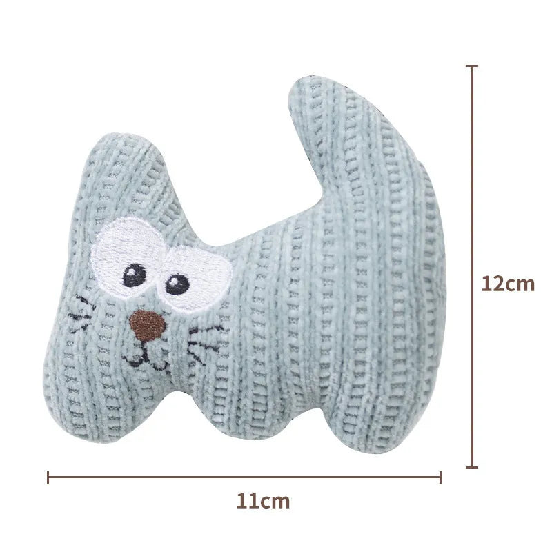 Cyan knitted plush cat toy with organic catnip and bell for chew-resistant play.