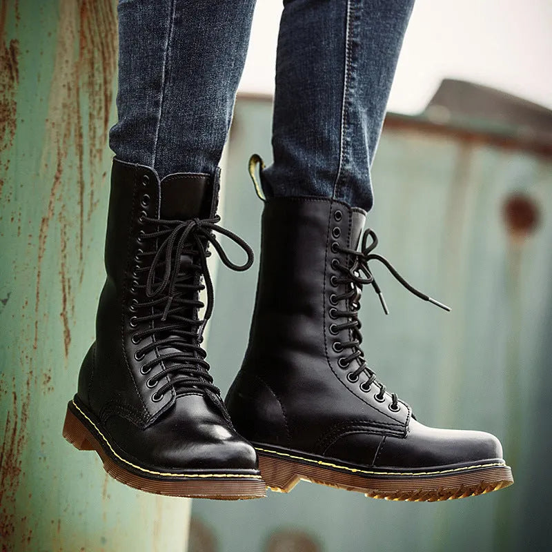 Men's black leather cotton casual shoes with lace-up closure, flat heel, and round toe design