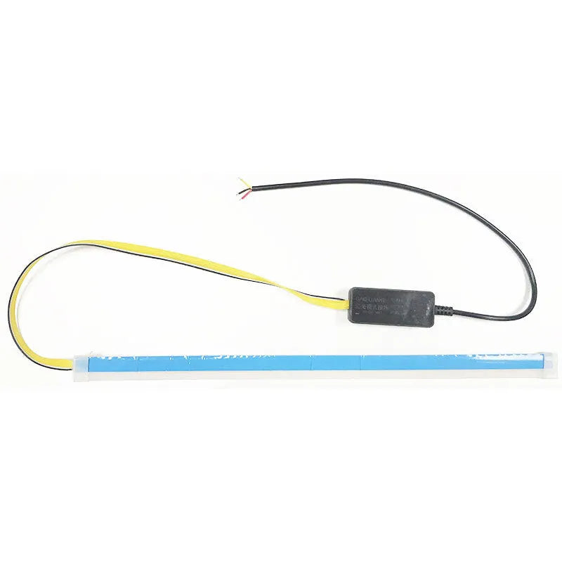 Flexible silicone LED strip light for car daytime running lights and animated turn signals.