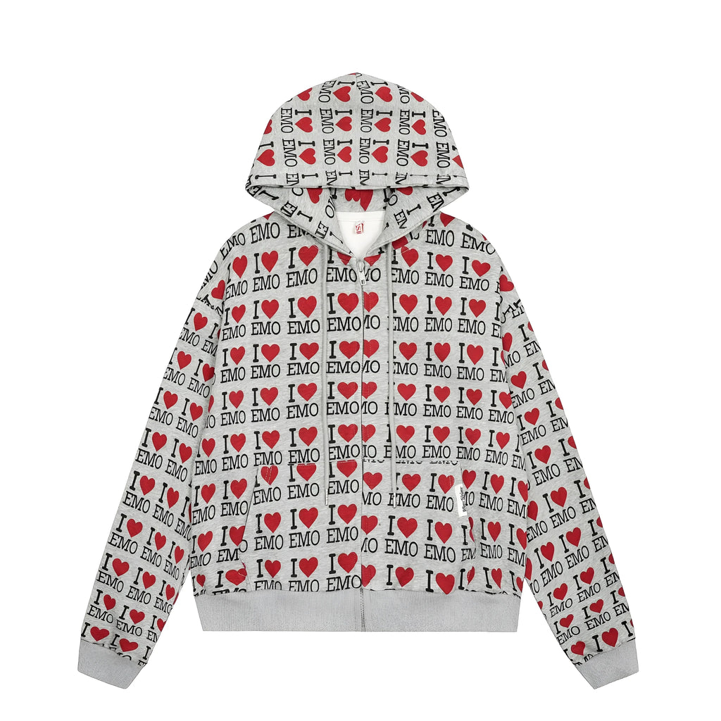 Women's melange grey retro pattern hooded cardigan with long sleeves in cotton blend fabric