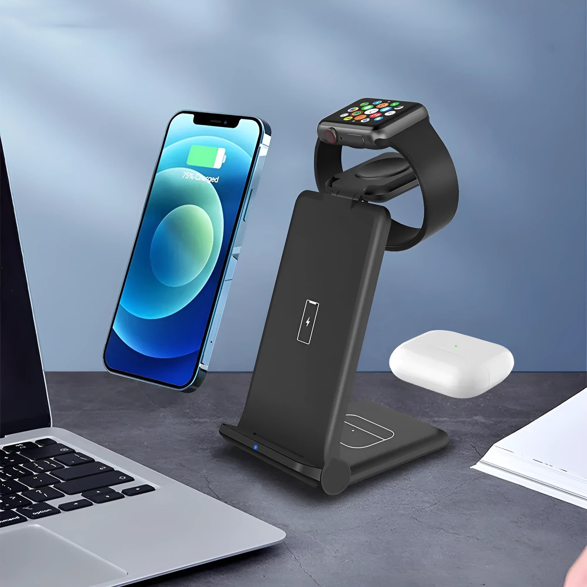 White or black 3-in-1 wireless charging station with foldable design for iPhone, Samsung, AirPods and Apple Watch
