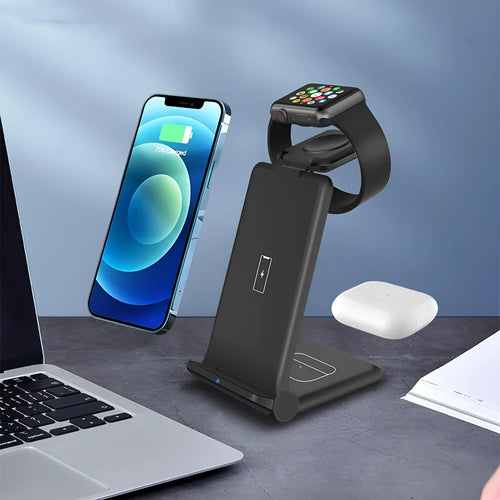 White or black 3-in-1 wireless charging station with foldable design for iPhone, Samsung, AirPods and Apple Watch