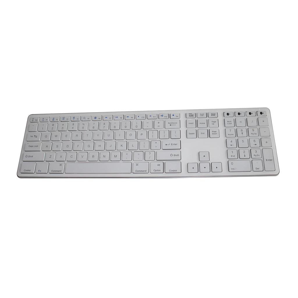 White wireless Bluetooth keyboard with 109 keys showing three-key zone and multi-device pairing capability