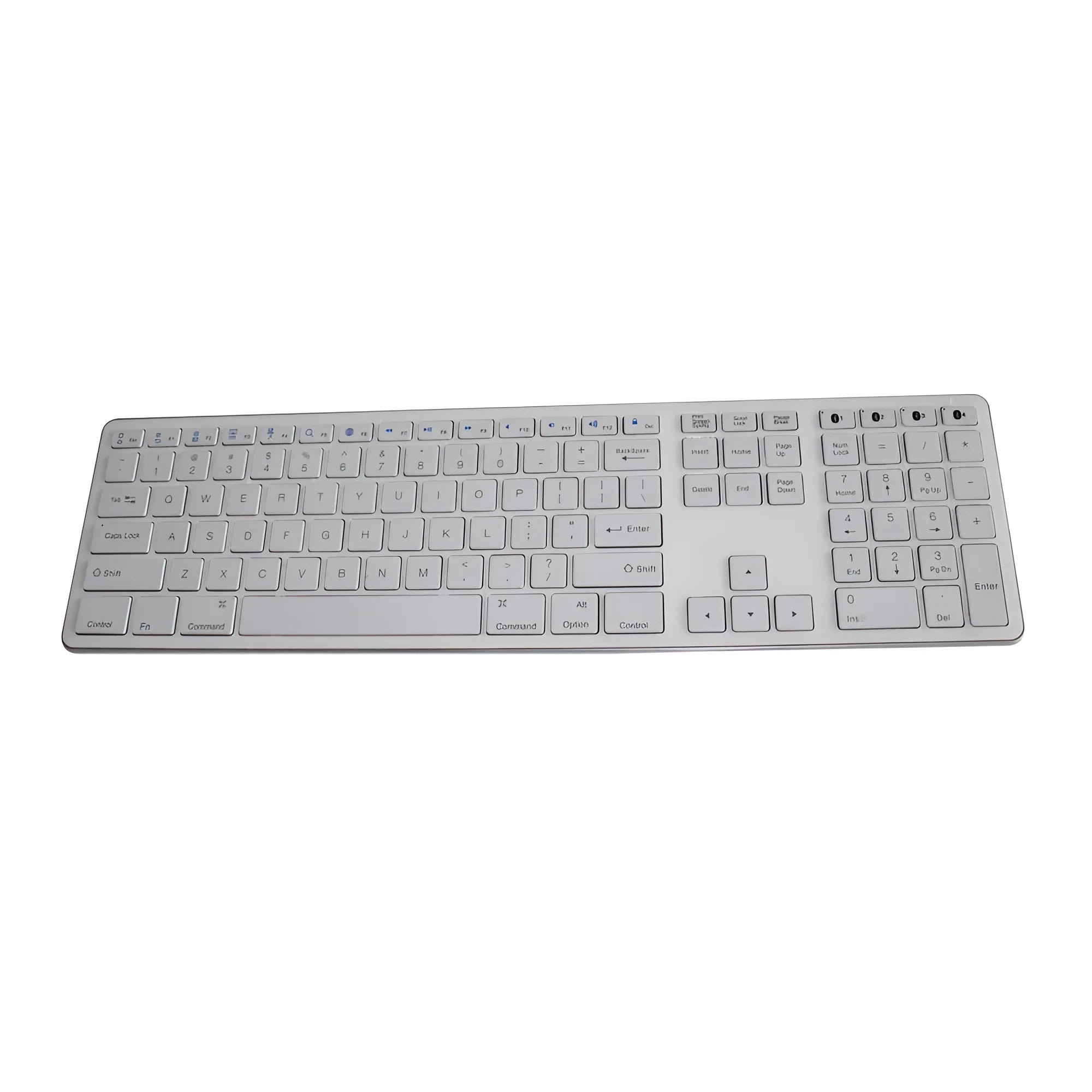 White wireless Bluetooth keyboard with 109 keys showing three-key zone and multi-device pairing capability