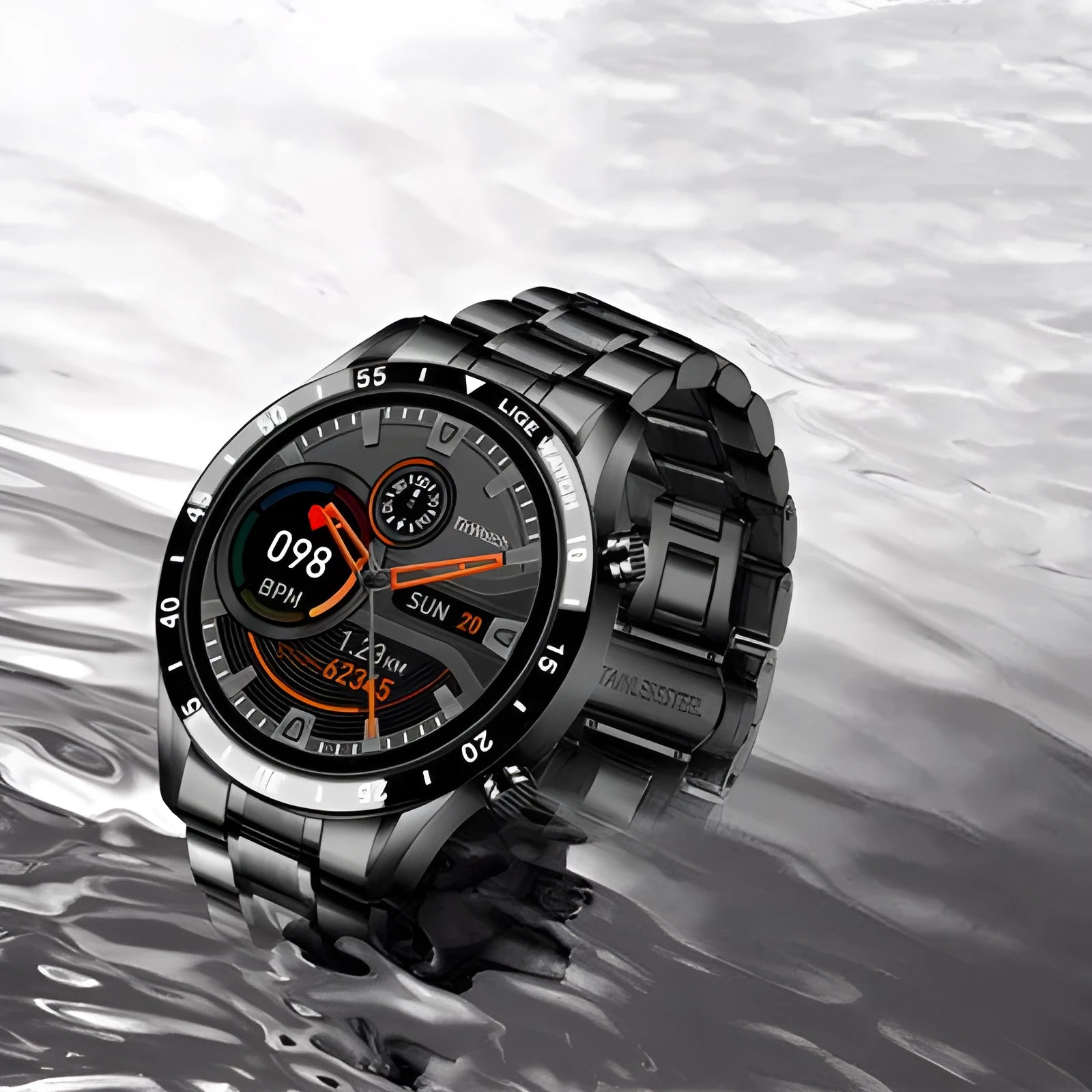 Smart watch with stainless steel band showing 1.3 inch touch screen displaying step count