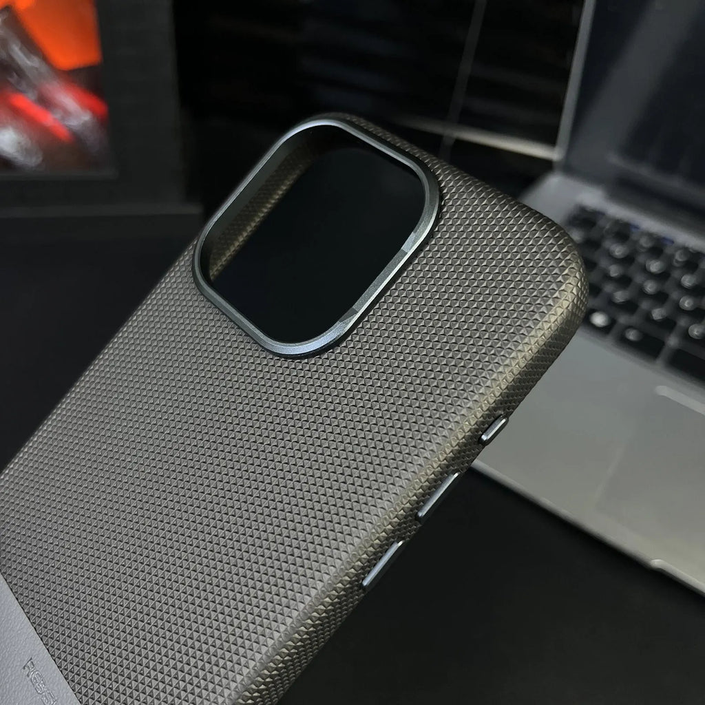Black dragon scale texture magnetic iPhone case showing side stitching and all-inclusive design.