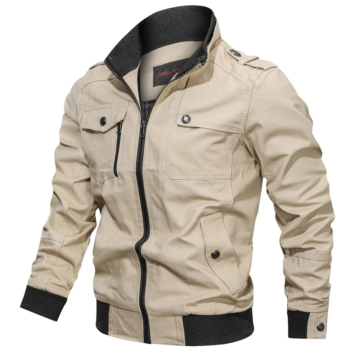 Solid colour cotton stand collar jacket for men with side pockets in black, blue, green, khaki, maroon