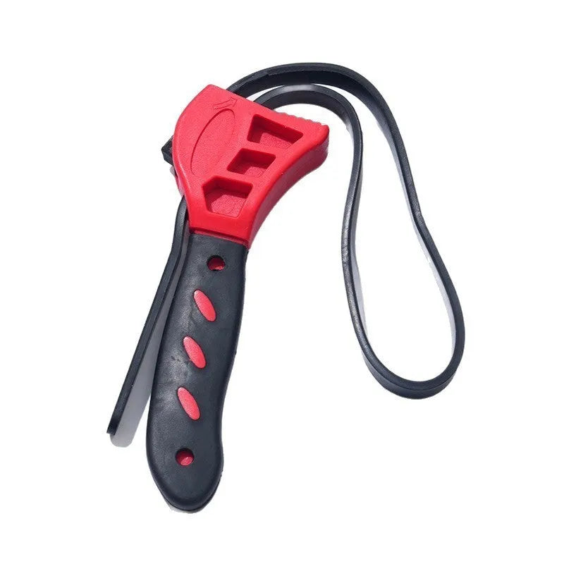 A set of two adjustable strap wrenches, one 6-inch and one 8-inch, made of black plastic and rubber with a phosphated metal handle.