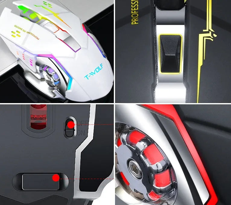 Wireless charging mouse with quiet click buttons in black or white colour options