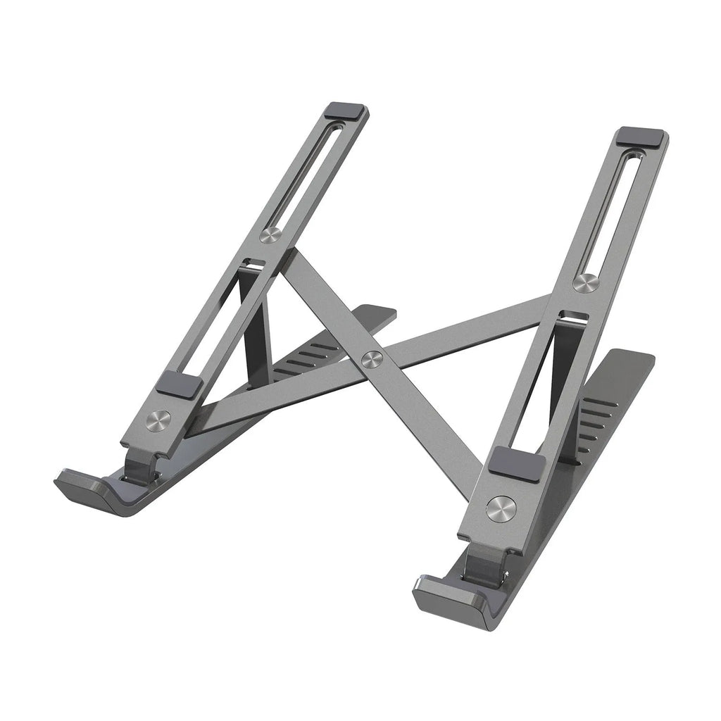 Silver aluminium laptop stand folded to 247x210x65.94mm with six-gear height adjustment mechanism