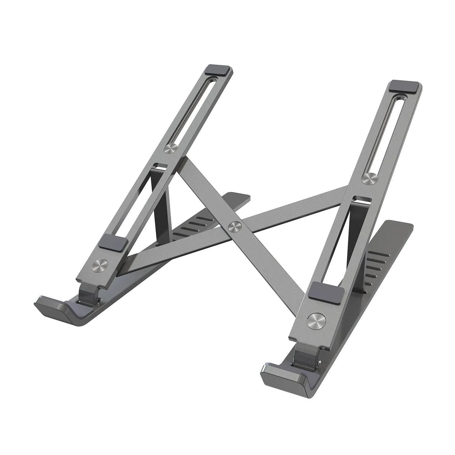 Silver aluminium laptop stand folded to 247x210x65.94mm with six-gear height adjustment mechanism