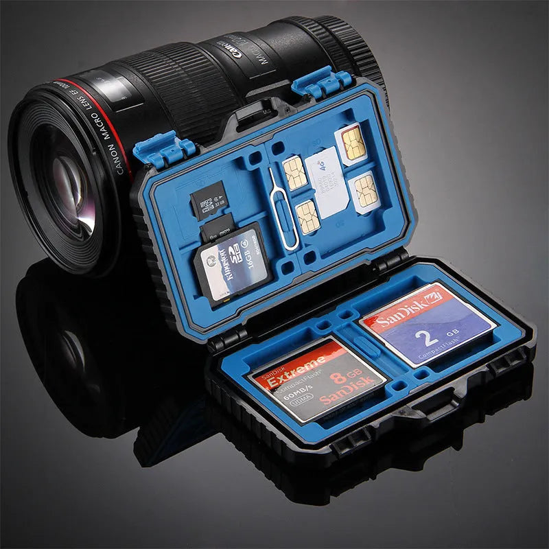 Black waterproof memory card case for 4CF 8SD 9TF SIM cards with blue TPV seal, 11.5 x 7.0 x 2.05 cm