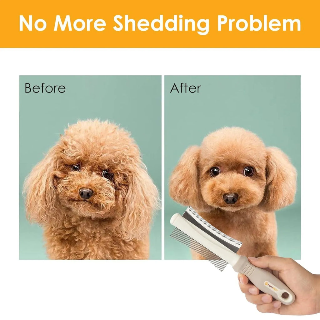 White 2 in 1 dog cat deshedding brush with curved comb and anti-slip handle measuring 230x60mm