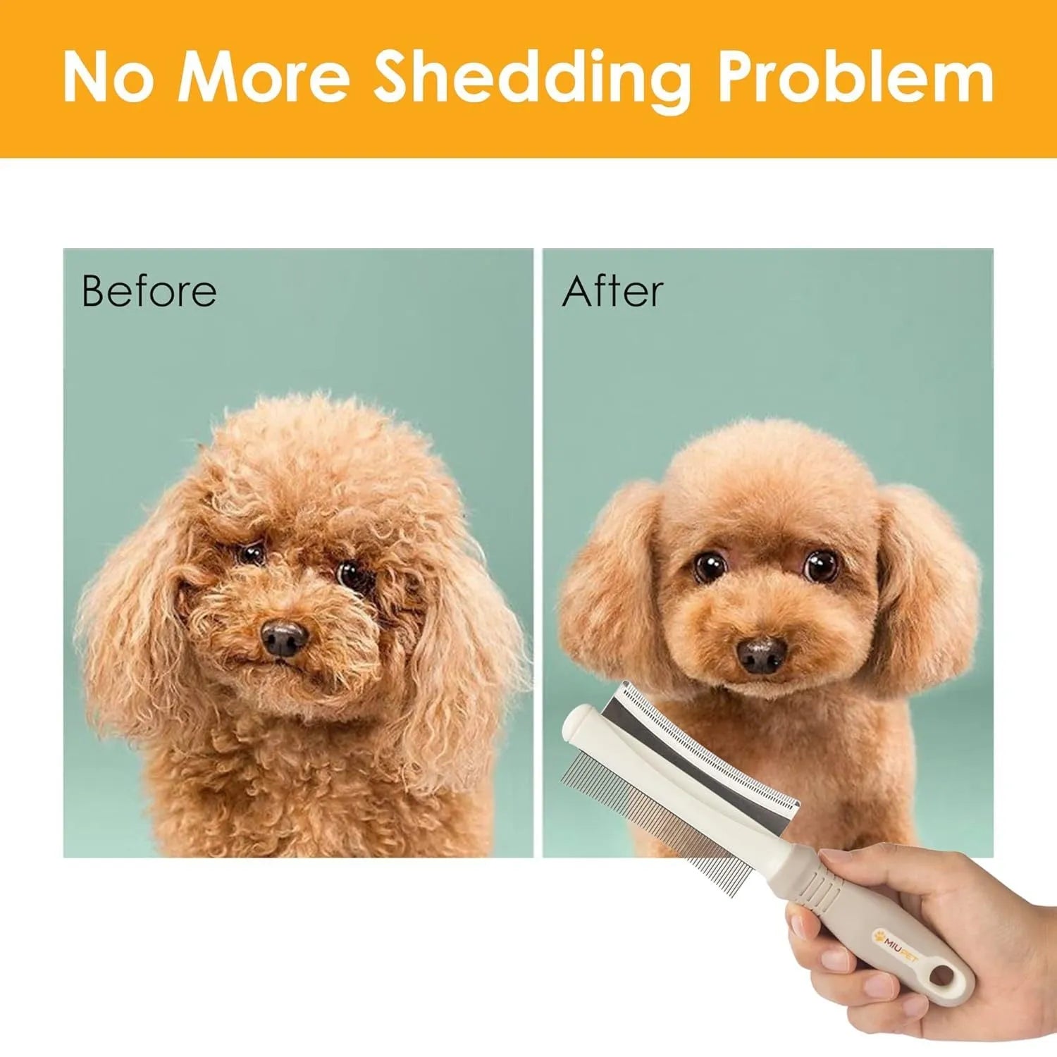 White 2 in 1 dog cat deshedding brush with curved comb and anti-slip handle measuring 230x60mm