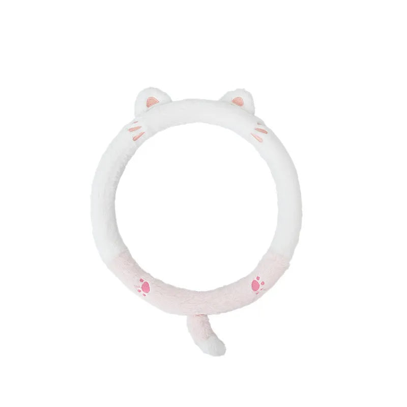 Plush thermal car steering wheel cover with embroidered cartoon panda design, shown fitted on a 38cm wheel.