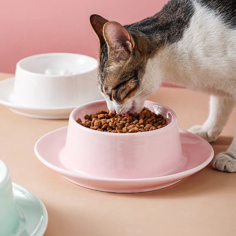 Green ceramic slow feeder pet bowl with central anti-choking basin on a white background.