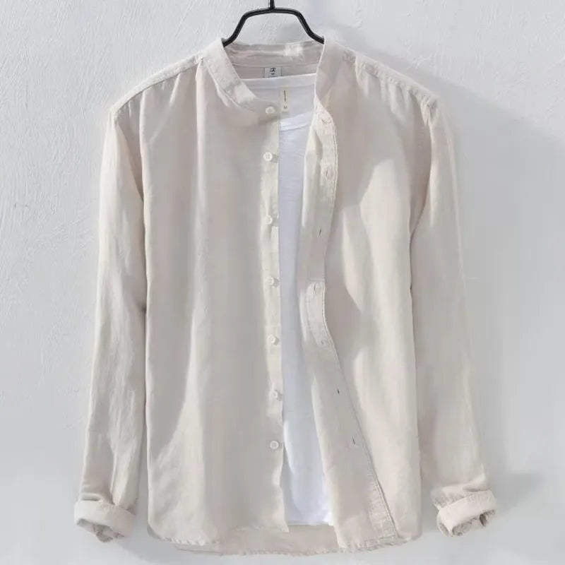 Men's loose fit long sleeve casual shirt in a cotton linen fabric, shown in a solid colour.