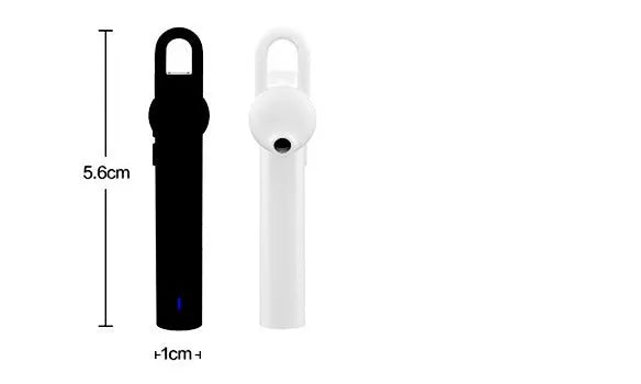 Compact black and white wireless Bluetooth headset for hands-free calls, shown next to a size scale.