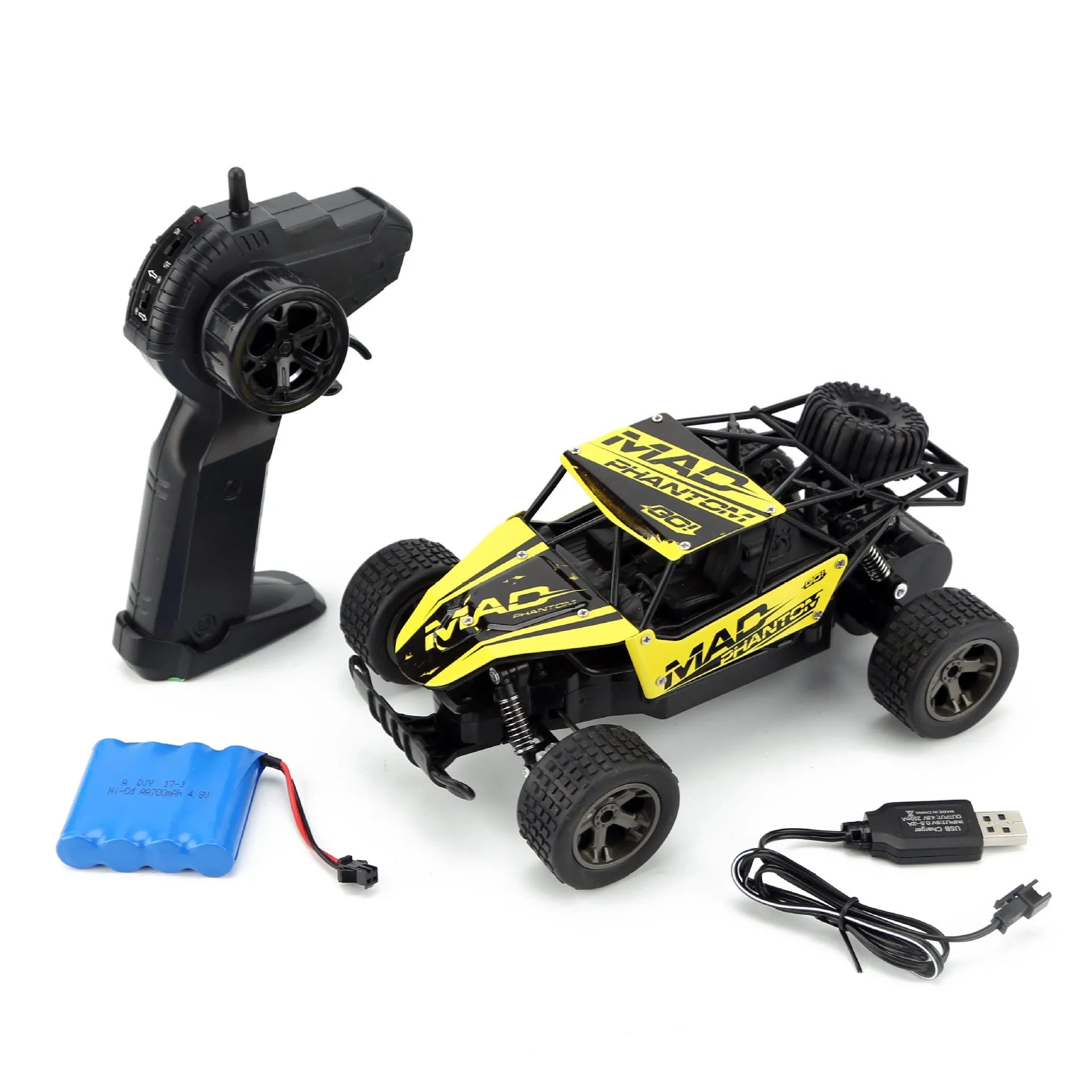 Blue 1:18 scale remote control drift car with 2.4GHz transmitter on a hard surface