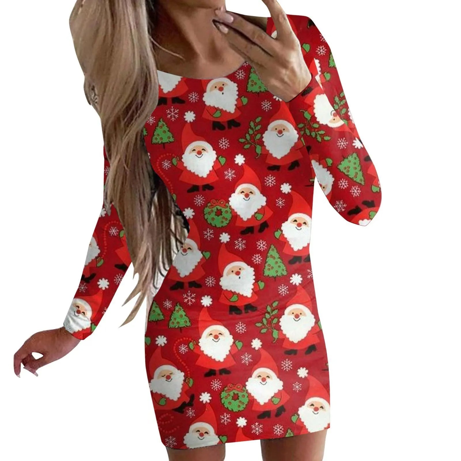 Red Christmas dress with animal print pattern, round neck and long sleeves, shown in a fitted hip skirt style.