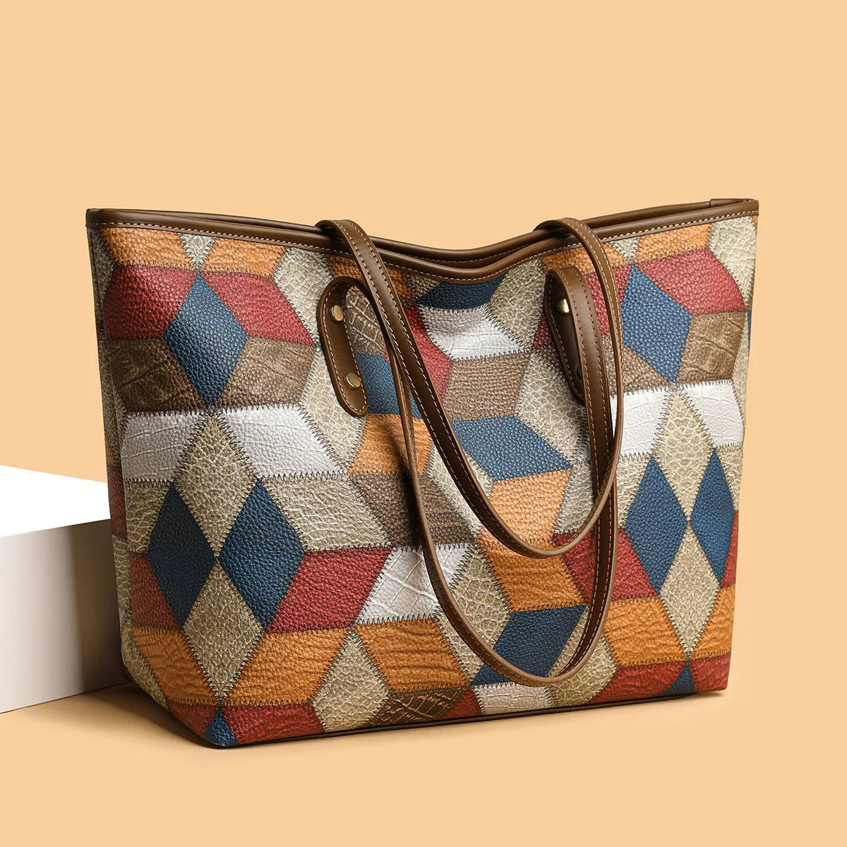 Women's large capacity PVC shoulder handbag in blue brown colour with sandwich pocket organisation