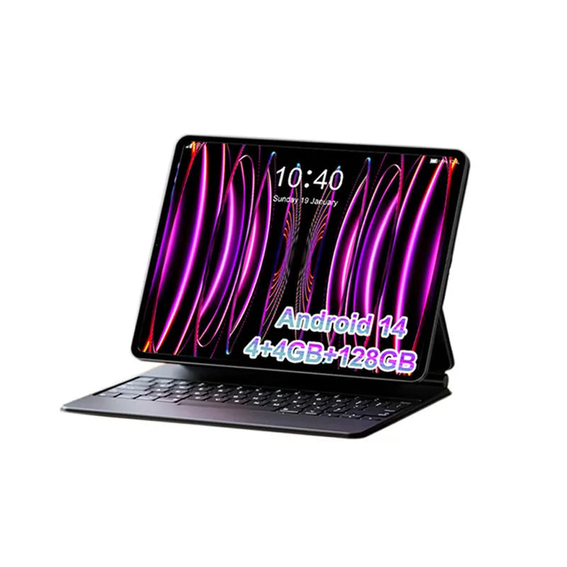 10-inch bare metal tablet PC with attached keyboard leather case in blue or grey.